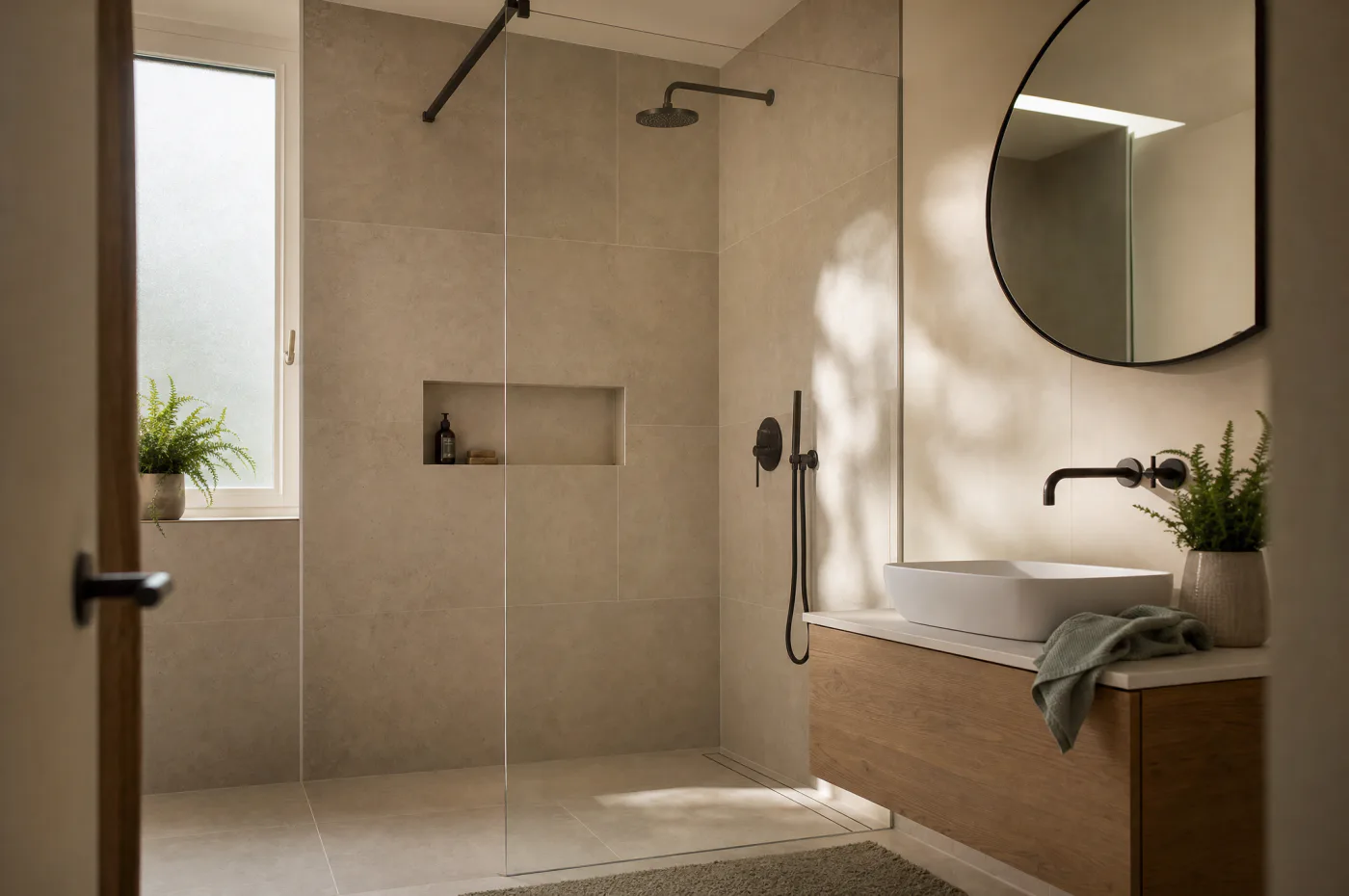 Saniertes Badezimmer mit bodengleicher Dusche, Glastrennwand und Waschtisch auf Holzunterschrank