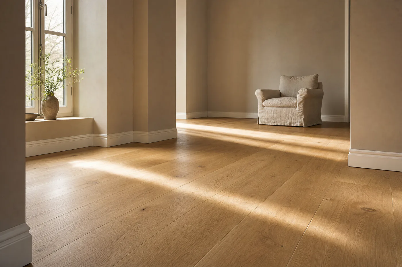 Frisch verlegter Eichendielenboden in einem hellen Wohnraum, Sonnenlicht fällt über die Dielen
