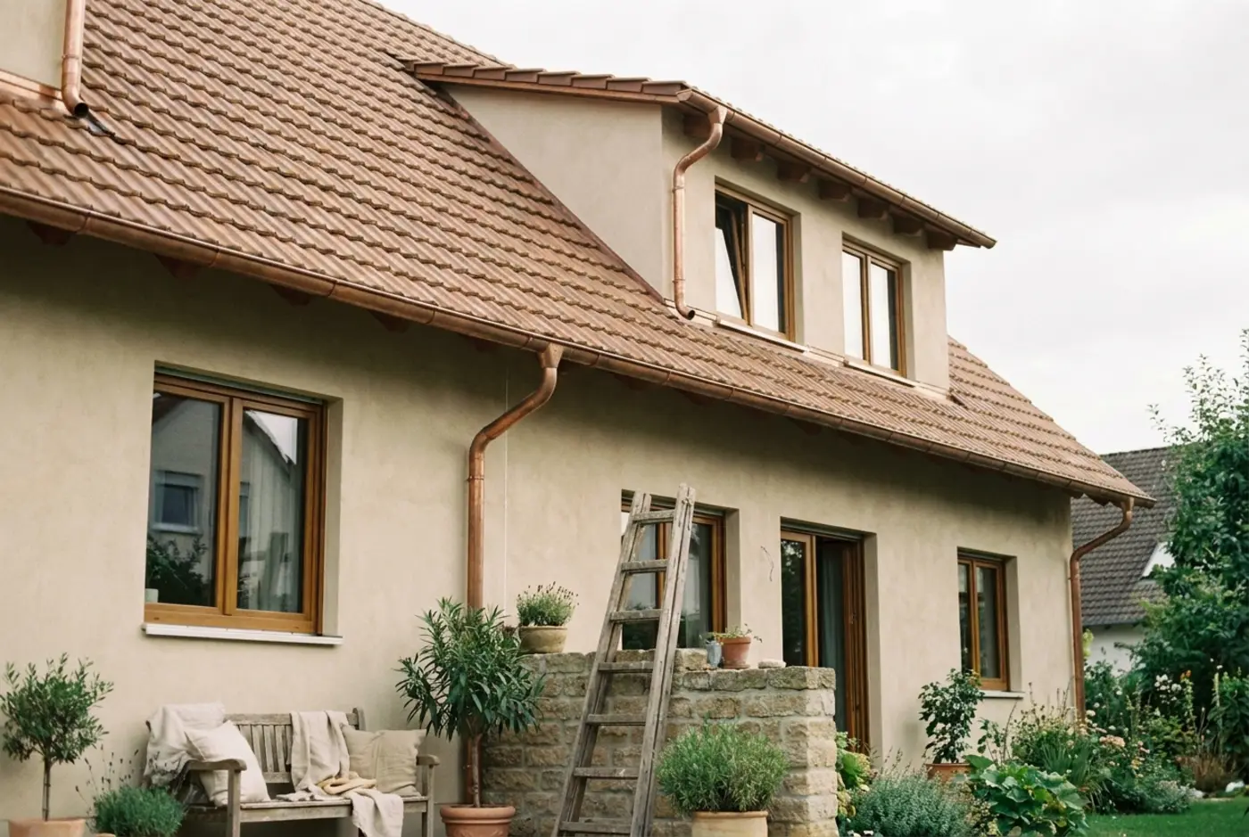 Dachdecker bei der Neueindeckung eines Einfamilienhauses mit Ziegeln