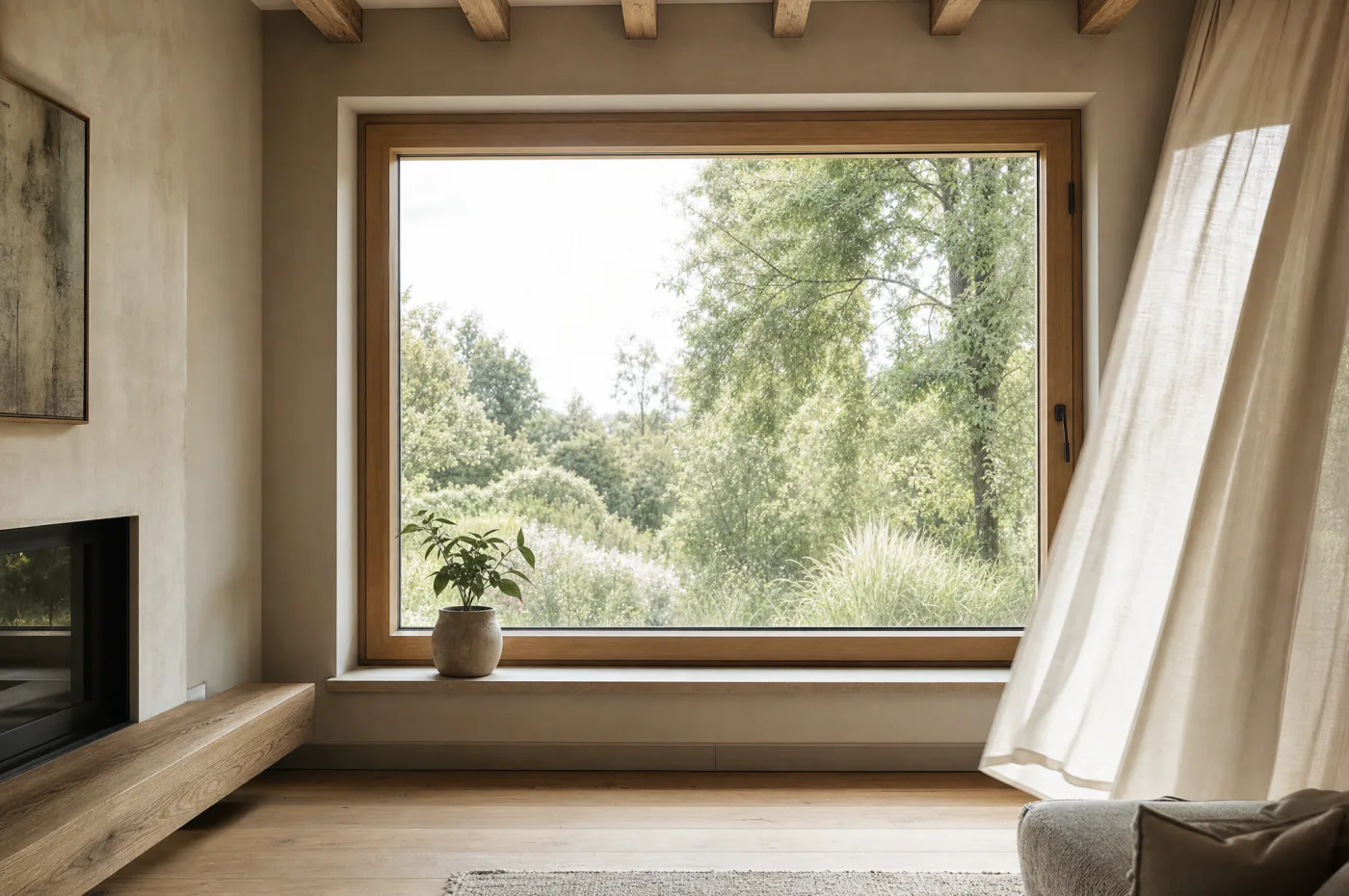 Neu eingebautes Fenster mit Holzrahmen, Blick in einen begrünten Garten