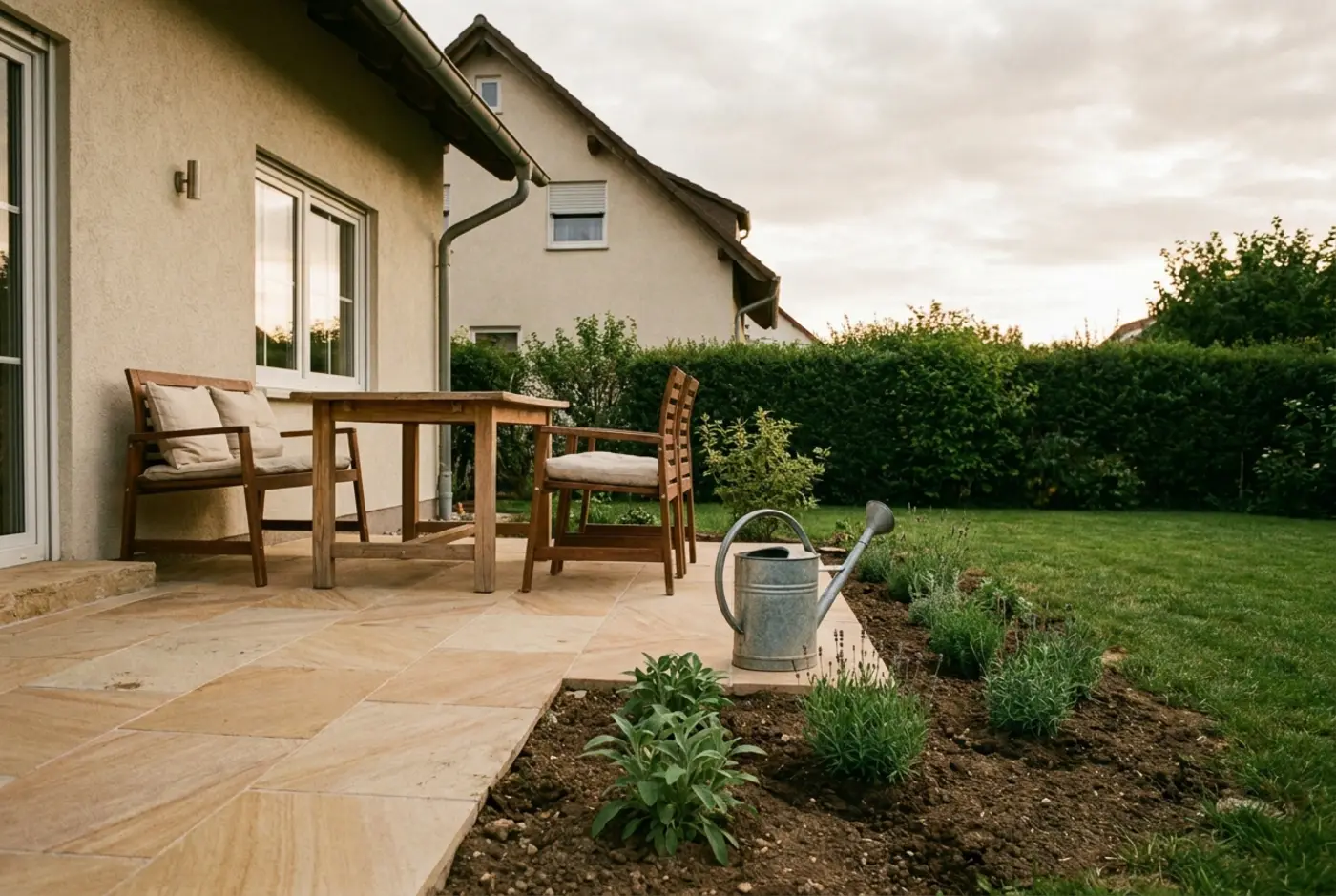 Moderne Terrasse mit Natursteinplatten und Gartenbeleuchtung