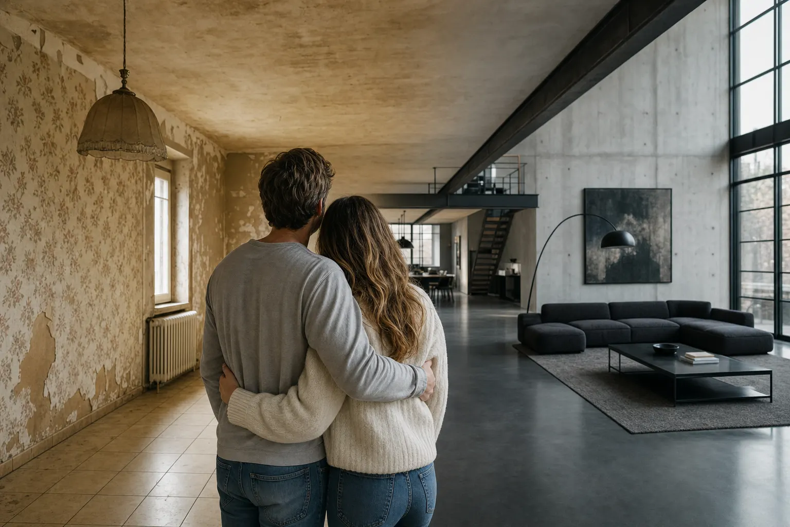 Ein Paar blickt von seinem unrenovierten Wohnzimmer in das fertig renovierte Loft, zu unterschiedlichen Tageszeiten