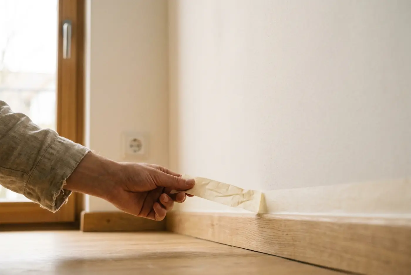 Professioneller Maler bei der Wandgestaltung mit Rolle und Abklebung