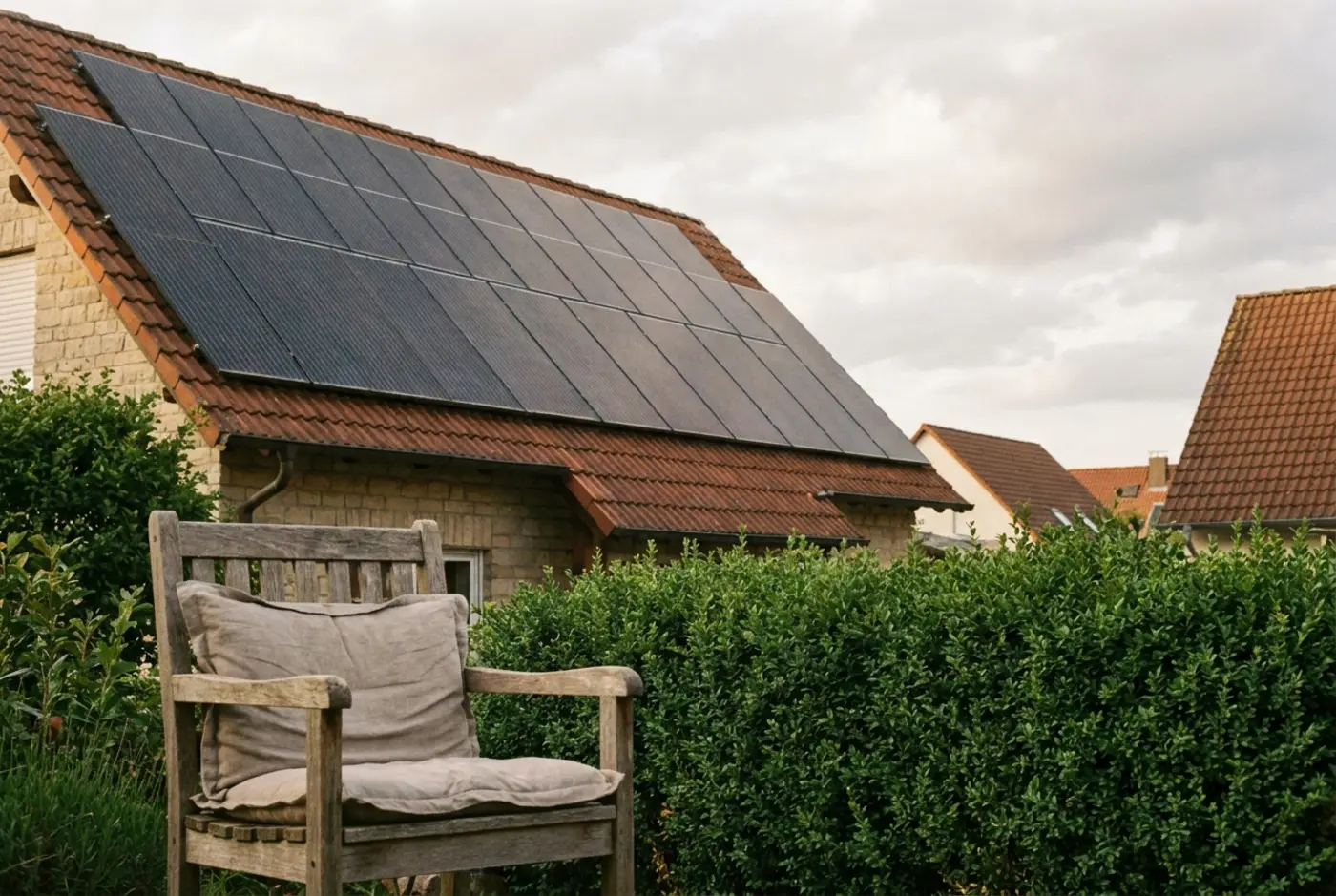 Photovoltaikmodule auf einem Einfamilienhaus-Dach bei Sonnenschein